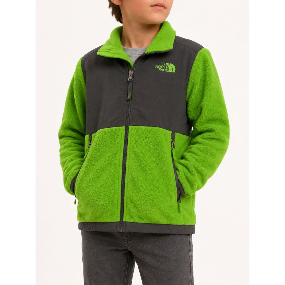 The North Face Denali Boys M 10/12 Neon Green Gray Fleece Full Zip Jacket